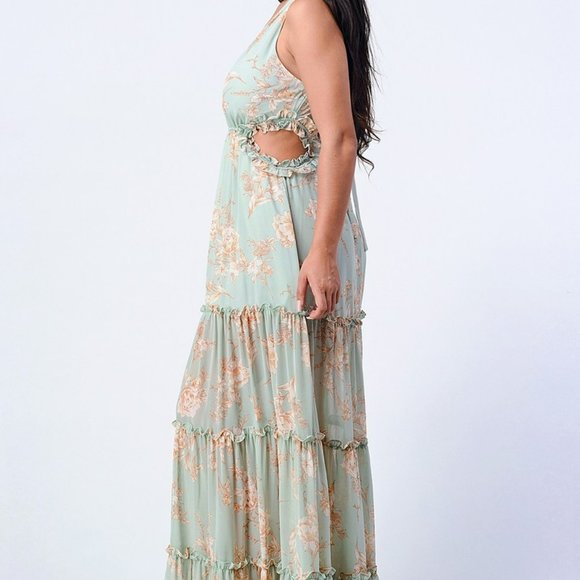 Sage Floral Cut out sides Lace up Vintage look Tan Green Maxi dress size Small - Picture 7 of 8